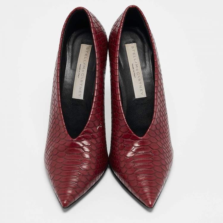 Pre Owned Stella McCartney Red Python Embossed Leather  V Neck Pointed Toe Pumps Size 37