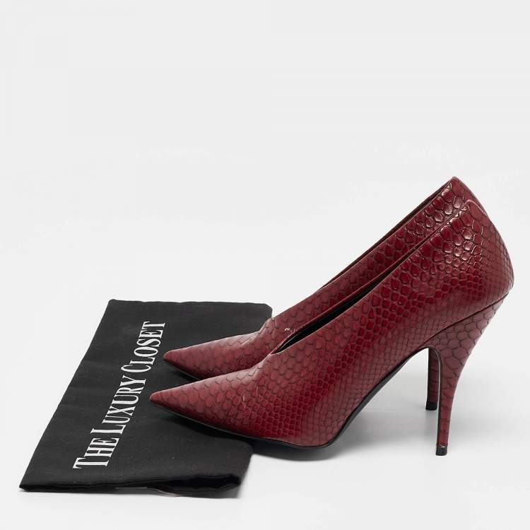 Pre Owned Stella McCartney Red Python Embossed Leather  V Neck Pointed Toe Pumps Size 37