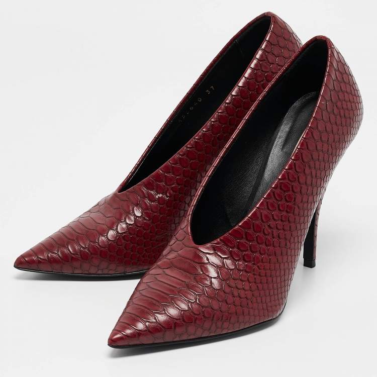 Pre Owned Stella McCartney Red Python Embossed Leather  V Neck Pointed Toe Pumps Size 37