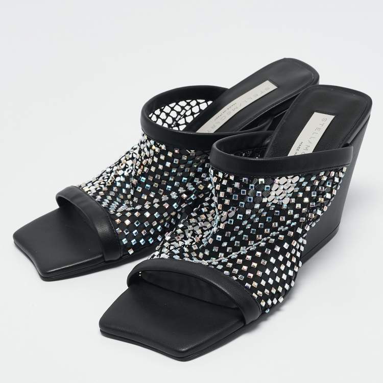 Pre Owned Stella McCartney Black Faux Leather and Mesh Slide Sandals Size 35