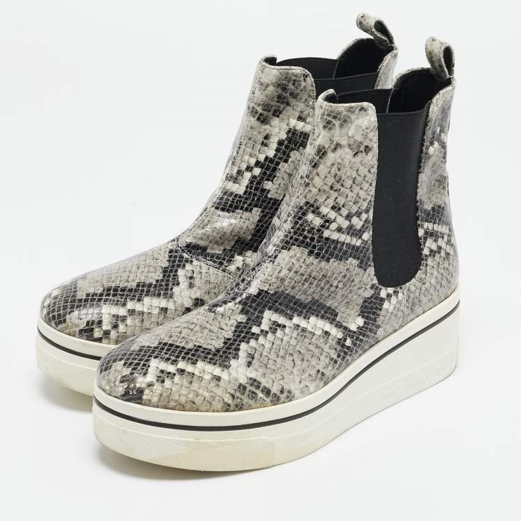 Pre Owned Stella McCartney Grey/Black Faux Snakeskin Leather Platform Ankle Boots Size 39