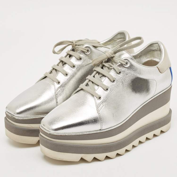 Pre Owned Stella McCartney Silver/White Faux Leather Elyse Star Platform Derby Sneakers Size 36