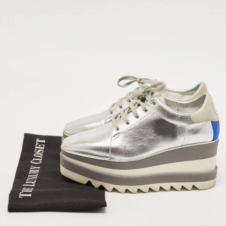 Pre Owned Stella McCartney Silver/White Faux Leather Elyse Star Platform Derby Sneakers Size 36