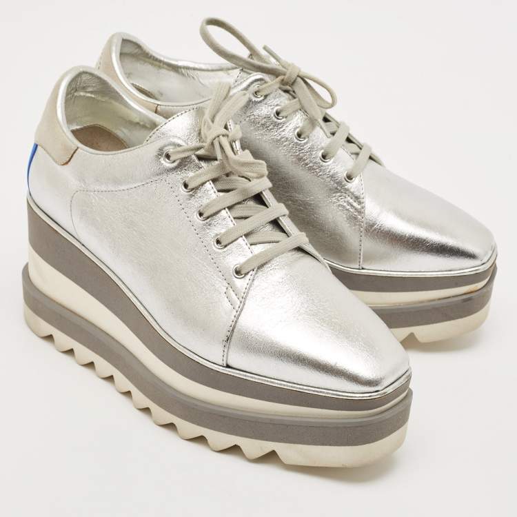 Pre Owned Stella McCartney Silver/White Faux Leather Elyse Star Platform Derby Sneakers Size 36