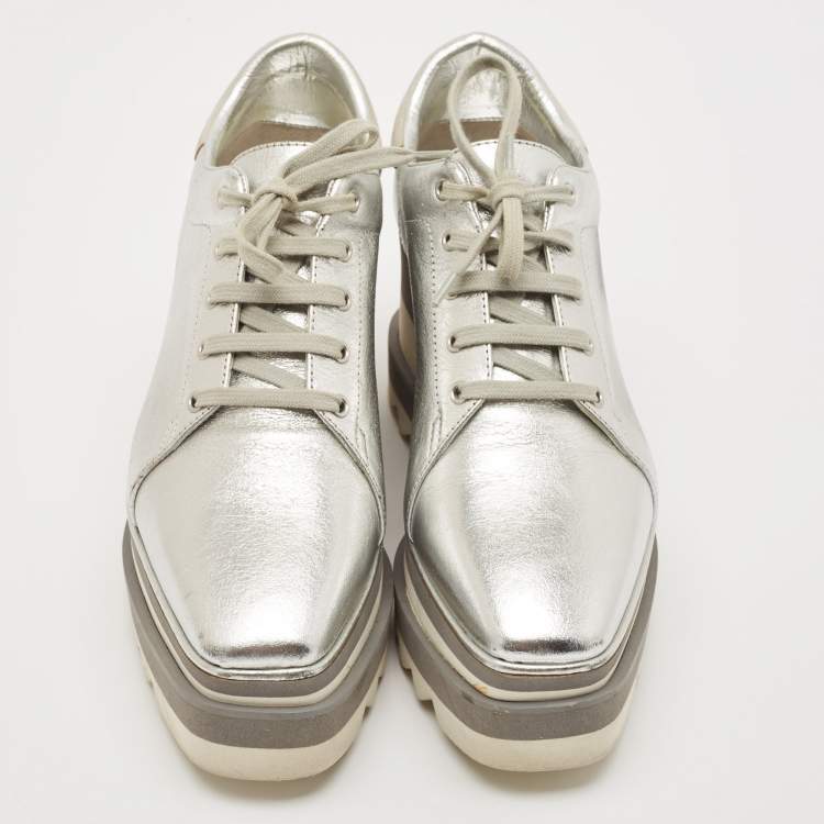 Pre Owned Stella McCartney Silver/White Faux Leather Elyse Star Platform Derby Sneakers Size 36