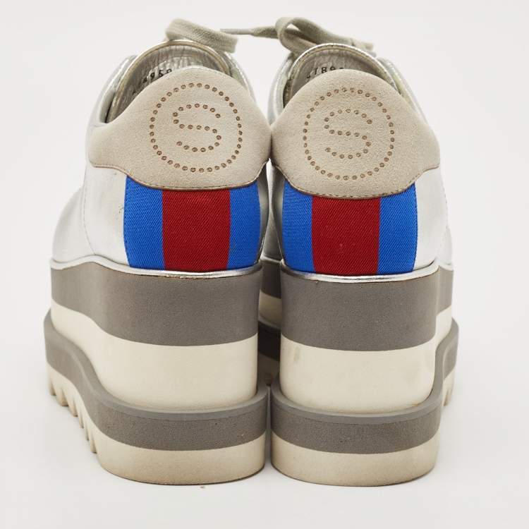 Pre Owned Stella McCartney Silver/White Faux Leather Elyse Star Platform Derby Sneakers Size 36