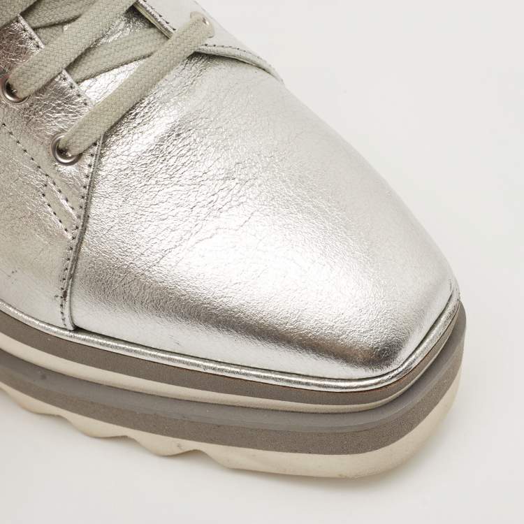 Pre Owned Stella McCartney Silver/White Faux Leather Elyse Star Platform Derby Sneakers Size 36