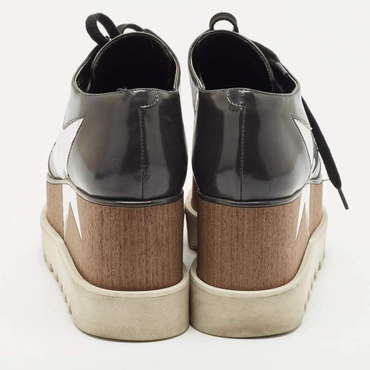 Pre Owned Stella McCartney Grey/Sliver Faux Leather Elyse Star Platform Lace Up Derby Size 35.5