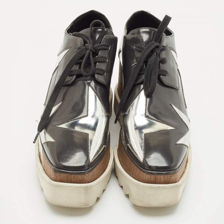 Pre Owned Stella McCartney Grey/Sliver Faux Leather Elyse Star Platform Lace Up Derby Size 35.5