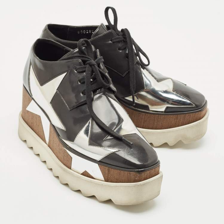 Pre Owned Stella McCartney Grey/Sliver Faux Leather Elyse Star Platform Lace Up Derby Size 35.5