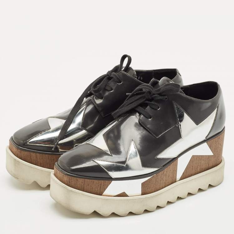 Pre Owned Stella McCartney Grey/Sliver Faux Leather Elyse Star Platform Lace Up Derby Size 35.5