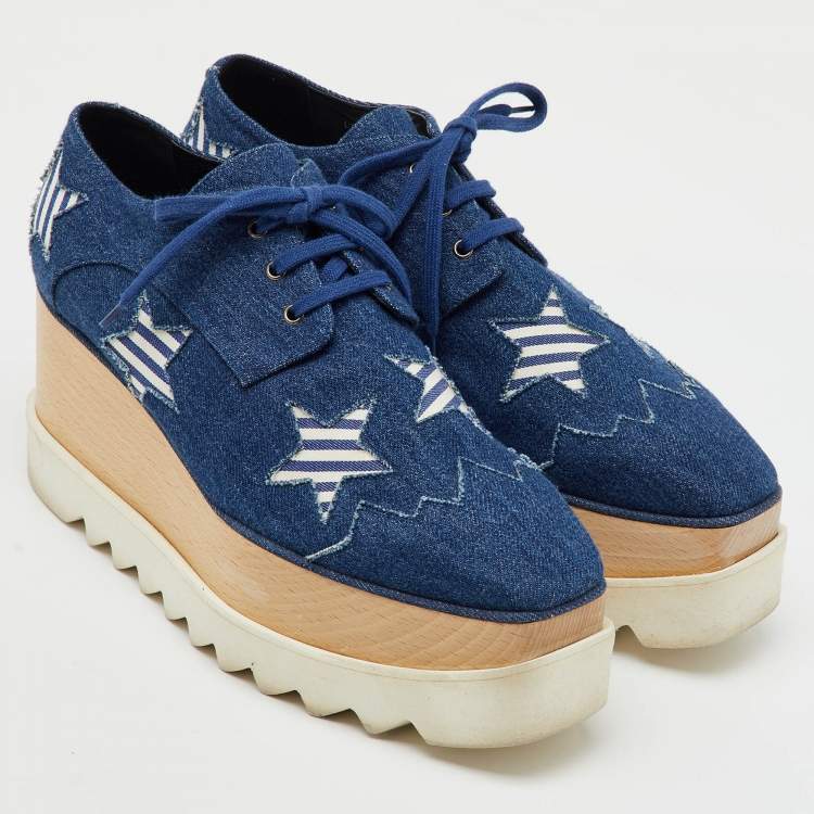 Pre Owned Stella McCartney Blue Denim Elyse Star Platform Derby Sneakers Size 39.5