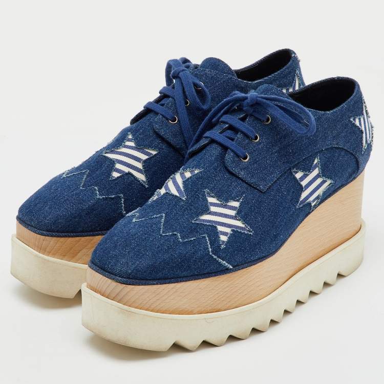 Pre Owned Stella McCartney Blue Denim Elyse Star Platform Derby Sneakers Size 39.5