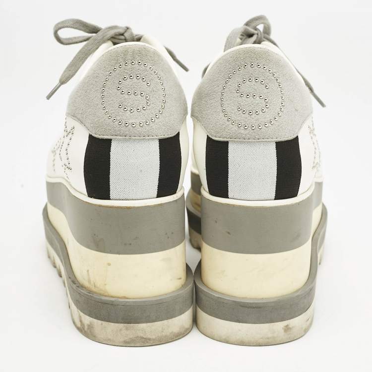 Pre Owned Stella McCartney White/Grey Faux Leather and Suede Elyse Star Studded Platform Sneakers Size 39