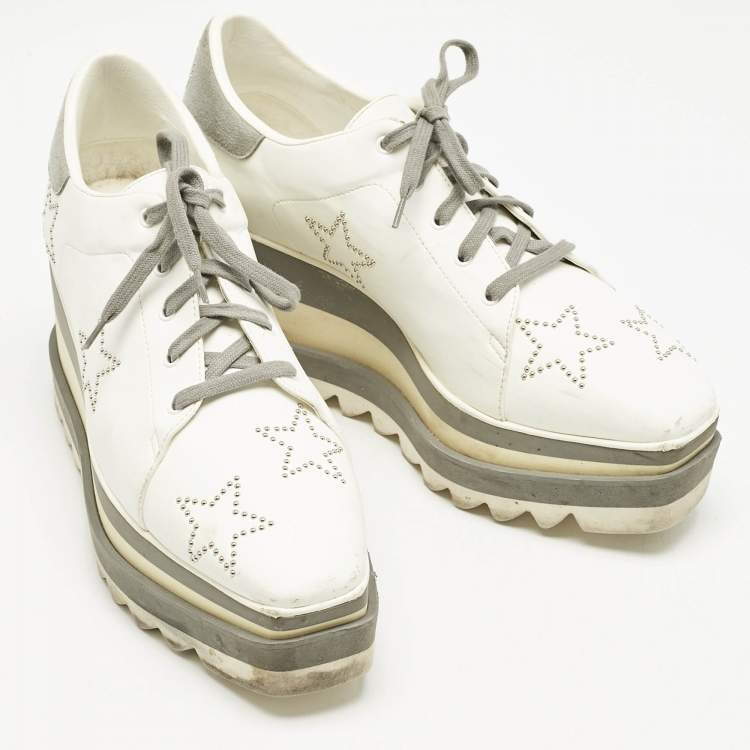 Pre Owned Stella McCartney White/Grey Faux Leather and Suede Elyse Star Studded Platform Sneakers Size 39