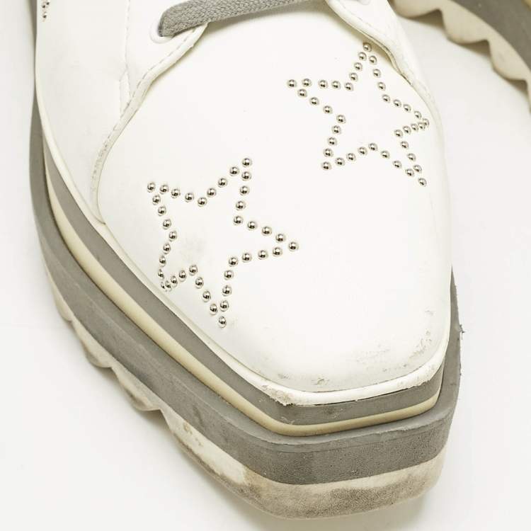 Pre Owned Stella McCartney White/Grey Faux Leather and Suede Elyse Star Studded Platform Sneakers Size 39