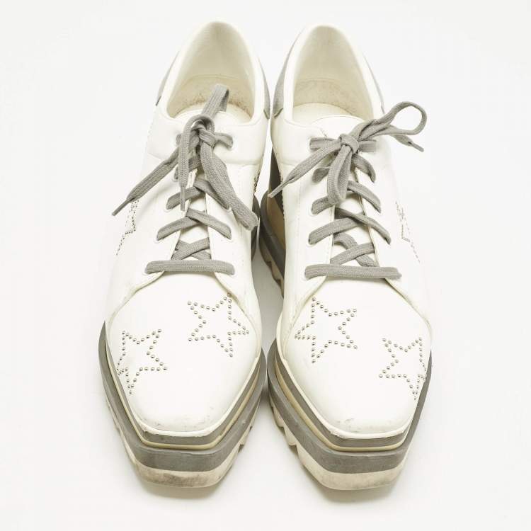 Pre Owned Stella McCartney White/Grey Faux Leather and Suede Elyse Star Studded Platform Sneakers Size 39