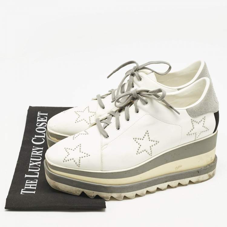 Pre Owned Stella McCartney White/Grey Faux Leather and Suede Elyse Star Studded Platform Sneakers Size 39