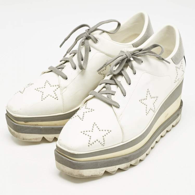 Pre Owned Stella McCartney White/Grey Faux Leather and Suede Elyse Star Studded Platform Sneakers Size 39