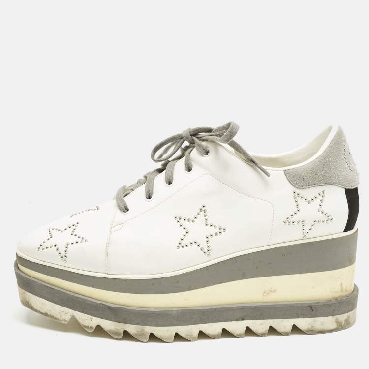 Pre Owned Stella McCartney White/Grey Faux Leather and Suede Elyse Star Studded Platform Sneakers Size 39