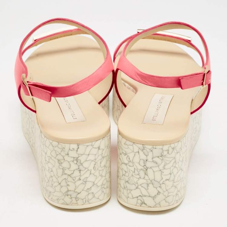 Pre Owned Stella McCartney Pink Faux Leather Geena Marble Wedge Platform Sandals Size 38