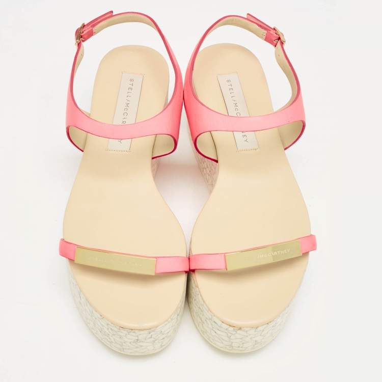 Pre Owned Stella McCartney Pink Faux Leather Geena Marble Wedge Platform Sandals Size 38