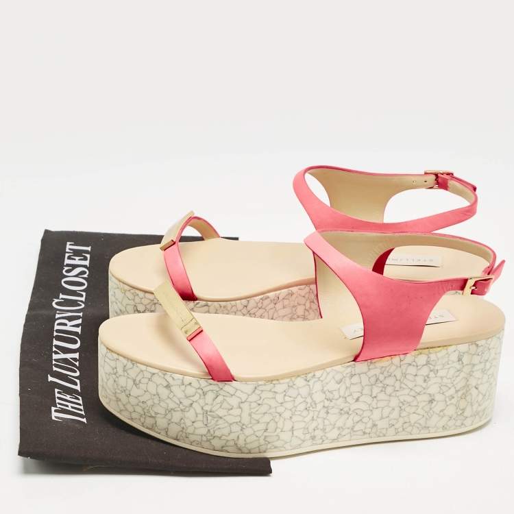 Pre Owned Stella McCartney Pink Faux Leather Geena Marble Wedge Platform Sandals Size 38