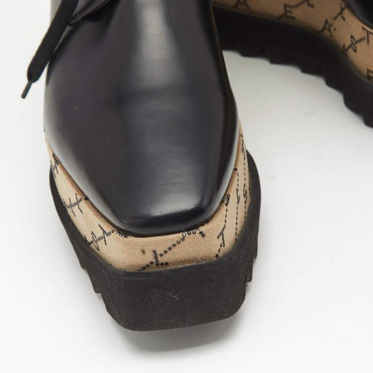 Pre Owned Stella McCartney Black Faux Leather Monogram Elyse Platform Derby Sneakers Size 39