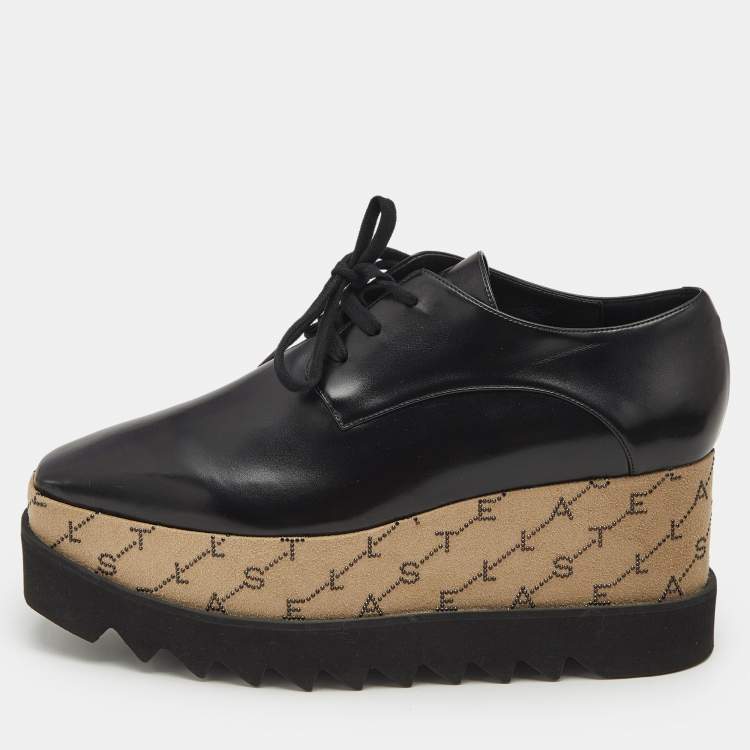 Pre Owned Stella McCartney Black Faux Leather Monogram Elyse Platform Derby Sneakers Size 39