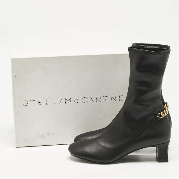 Pre Owned Stella McCartney Black Faux Leather Falabella Ankle Length Boots Size 36