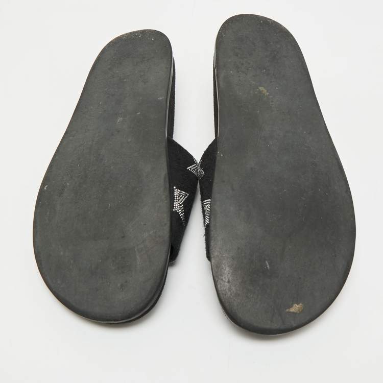 Pre Owned Stella McCartney Black Faux Suede Star Embellished Flat Slides Size 37