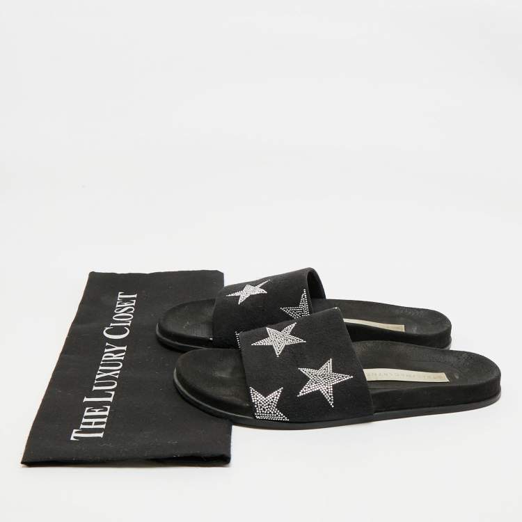 Pre Owned Stella McCartney Black Faux Suede Star Embellished Flat Slides Size 37