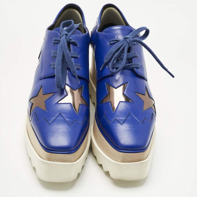 Pre Owned Stella McCartney Blue/Metallic Faux Leather Elyse Star Platform Lace Up Sneakers Size  Size 35.5