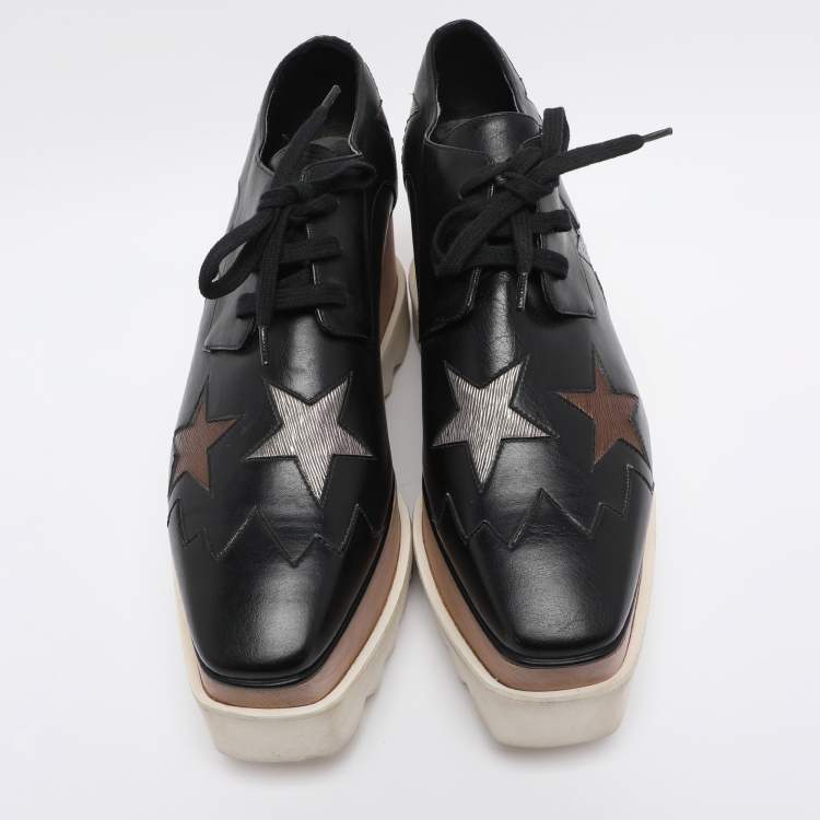 Pre Owned Stella McCartney Black Faux Leather Elyse Star Platform Derby Sneakers Size 38.5