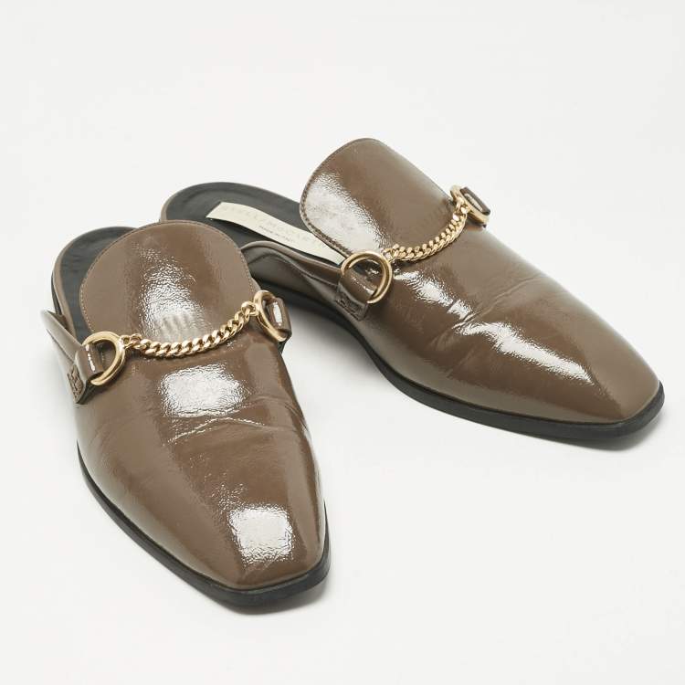 Pre Owned Stella McCartney Grey Faux Leather Chain Detail Mules Size 38.5