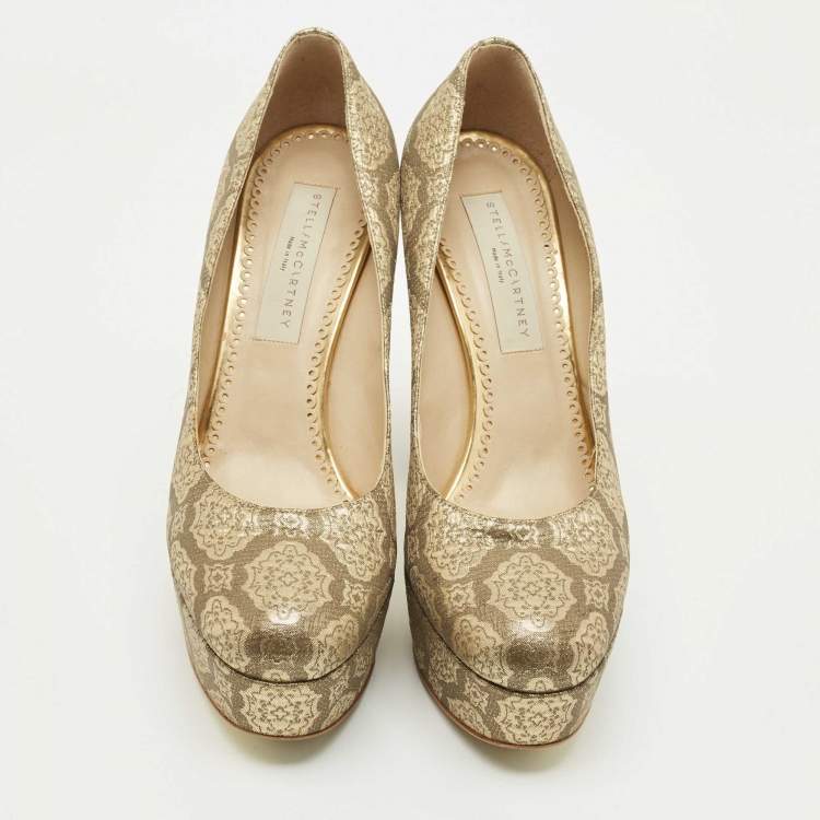 Pre Owned Stella McCartney Gold Brocade Fabric Block Heel Pumps Size 38.5