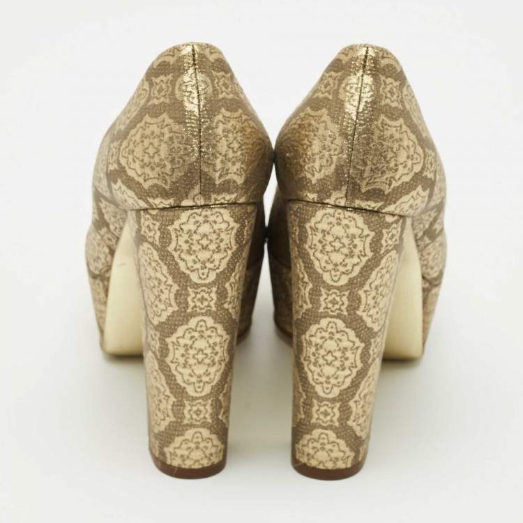 Pre Owned Stella McCartney Gold Brocade Fabric Block Heel Pumps Size 38.5