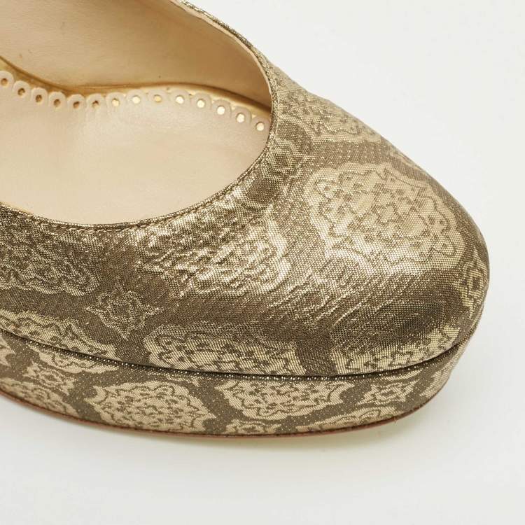Pre Owned Stella McCartney Gold Brocade Fabric Block Heel Pumps Size 38.5