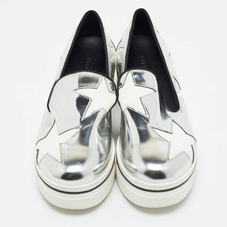 Pre Owned Stella McCartney Silver/White Faux Leather Binx Slip On Sneakers Size 36
