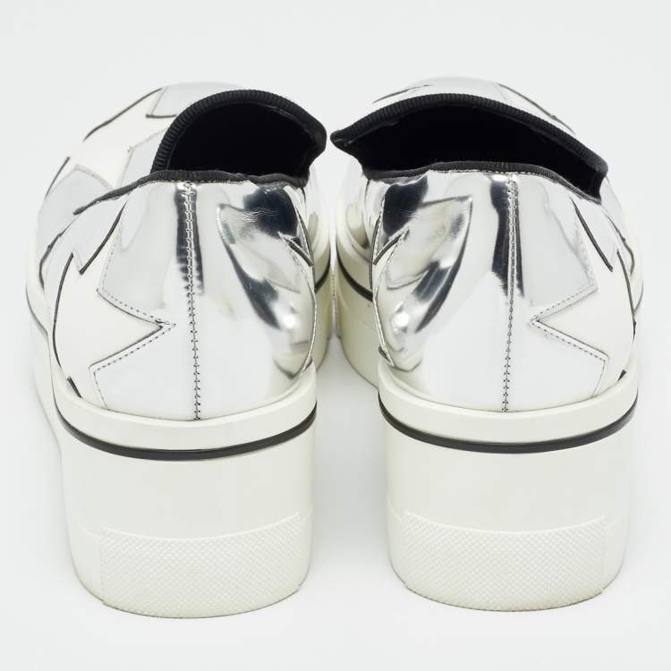 Pre Owned Stella McCartney Silver/White Faux Leather Binx Slip On Sneakers Size 36