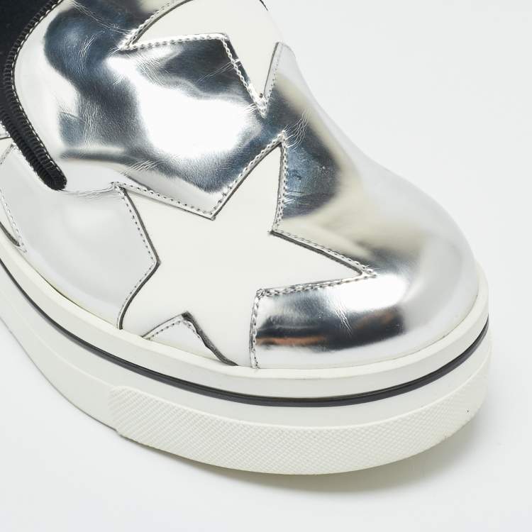 Pre Owned Stella McCartney Silver/White Faux Leather Binx Slip On Sneakers Size 36