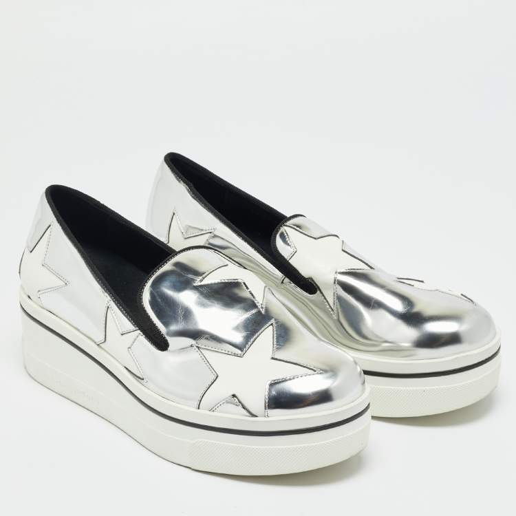 Pre Owned Stella McCartney Silver/White Faux Leather Binx Slip On Sneakers Size 36