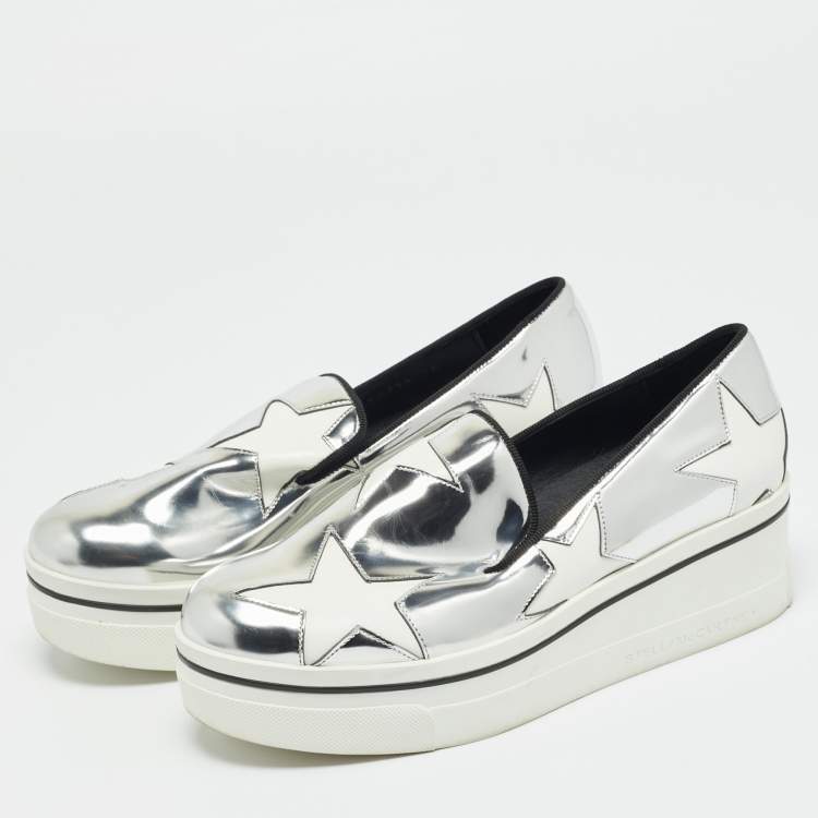 Pre Owned Stella McCartney Silver/White Faux Leather Binx Slip On Sneakers Size 36