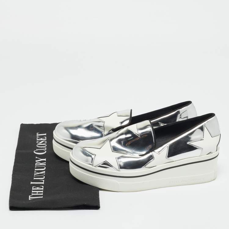 Pre Owned Stella McCartney Silver/White Faux Leather Binx Slip On Sneakers Size 36