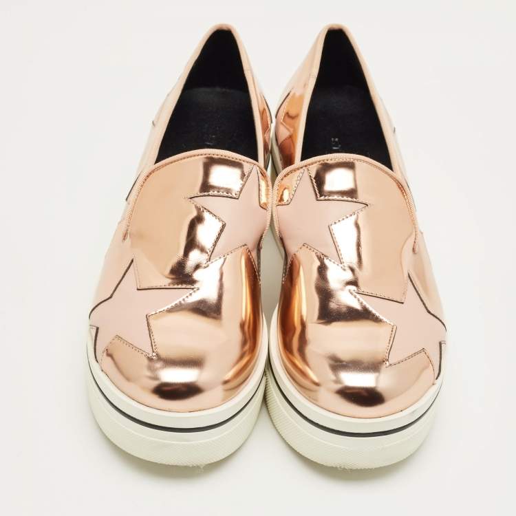 Pre Owned Stella McCartney Metallic Rose Gold Faux Leather Binx Slip On Sneakers Size 35