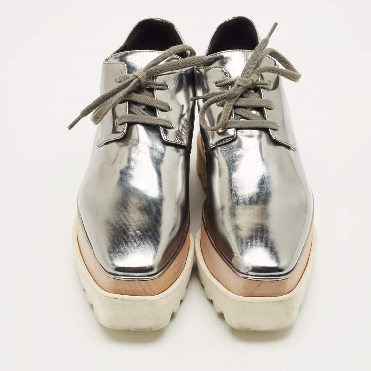 Pre Owned Stella McCartney Elyse Size 35.5 Metallic Grey Faux Leather Platform Derby Sneakers