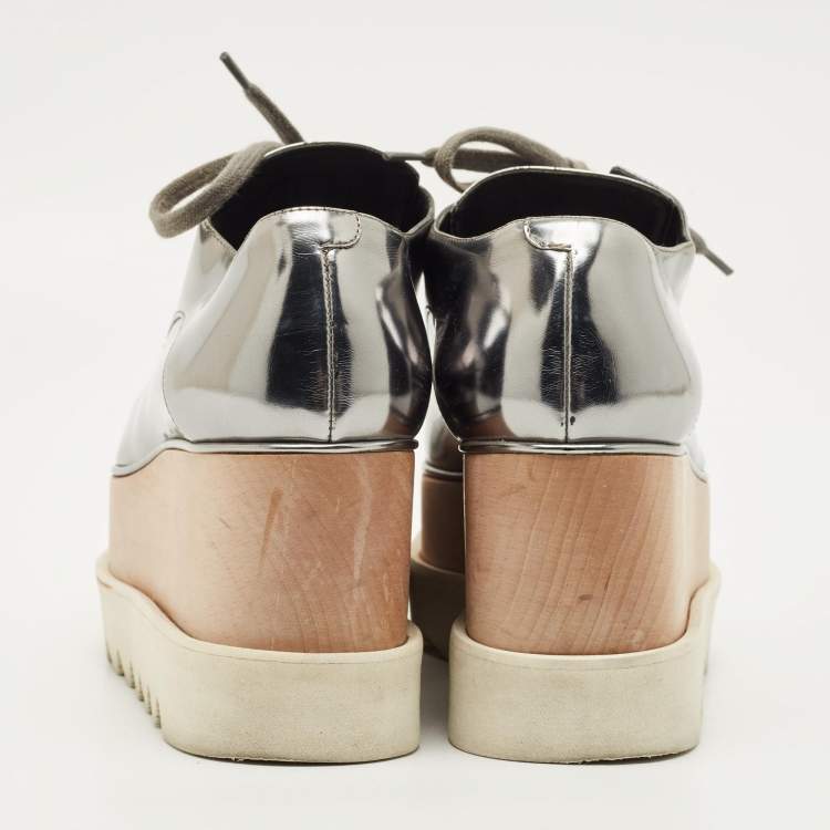 Pre Owned Stella McCartney Elyse Size 35.5 Metallic Grey Faux Leather Platform Derby Sneakers