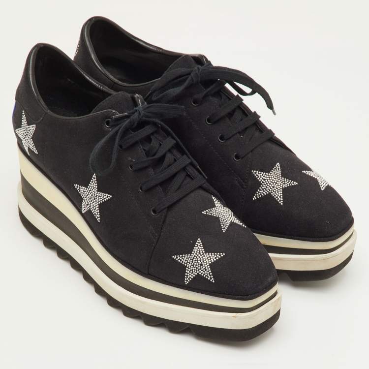 Pre Owned Stella McCartney Elyse Size 40 Black Faux Suede Star Studded Platform Derby Sneakers