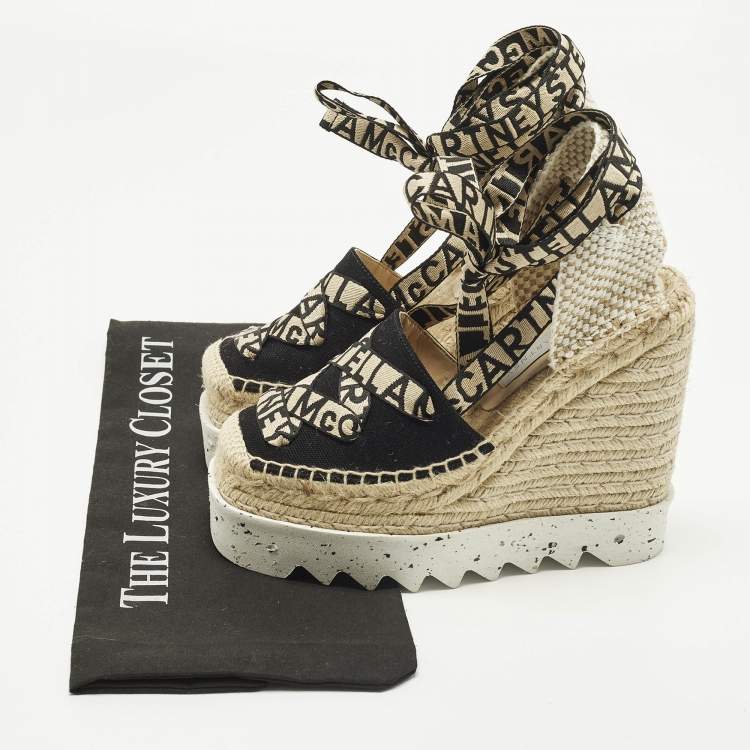 Pre Owned Stella McCartney Gaia Size 36 Black/Beige Canvas Platform Espadrille Sandals