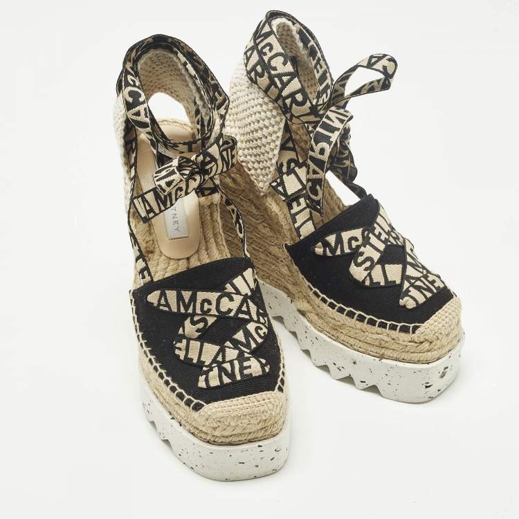 Pre Owned Stella McCartney Gaia Size 36 Black/Beige Canvas Platform Espadrille Sandals